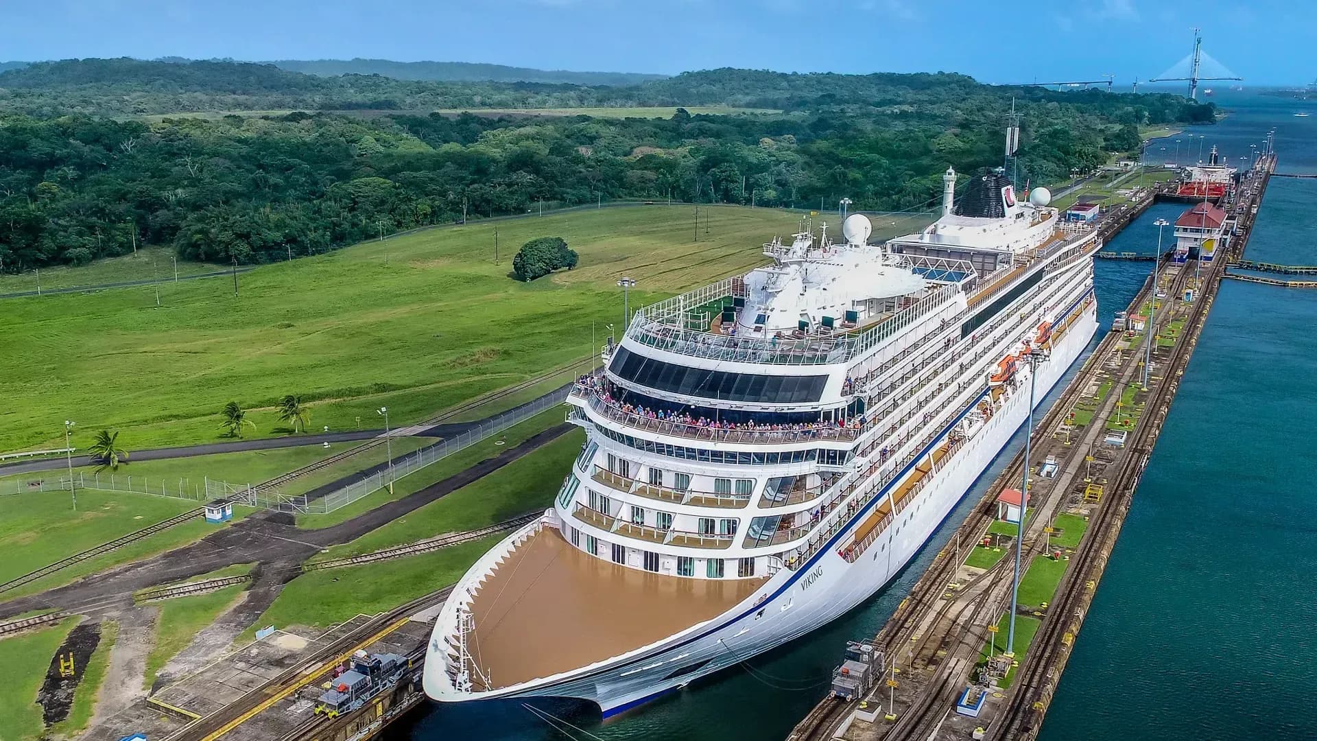 Viking ocean cruise ship passing through Panama Canal locks