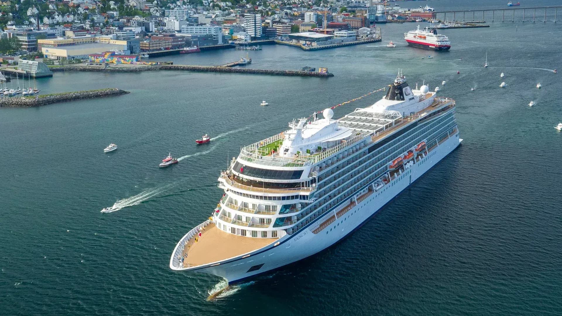 Viking Sky cruise ship departing Tromso, Norway