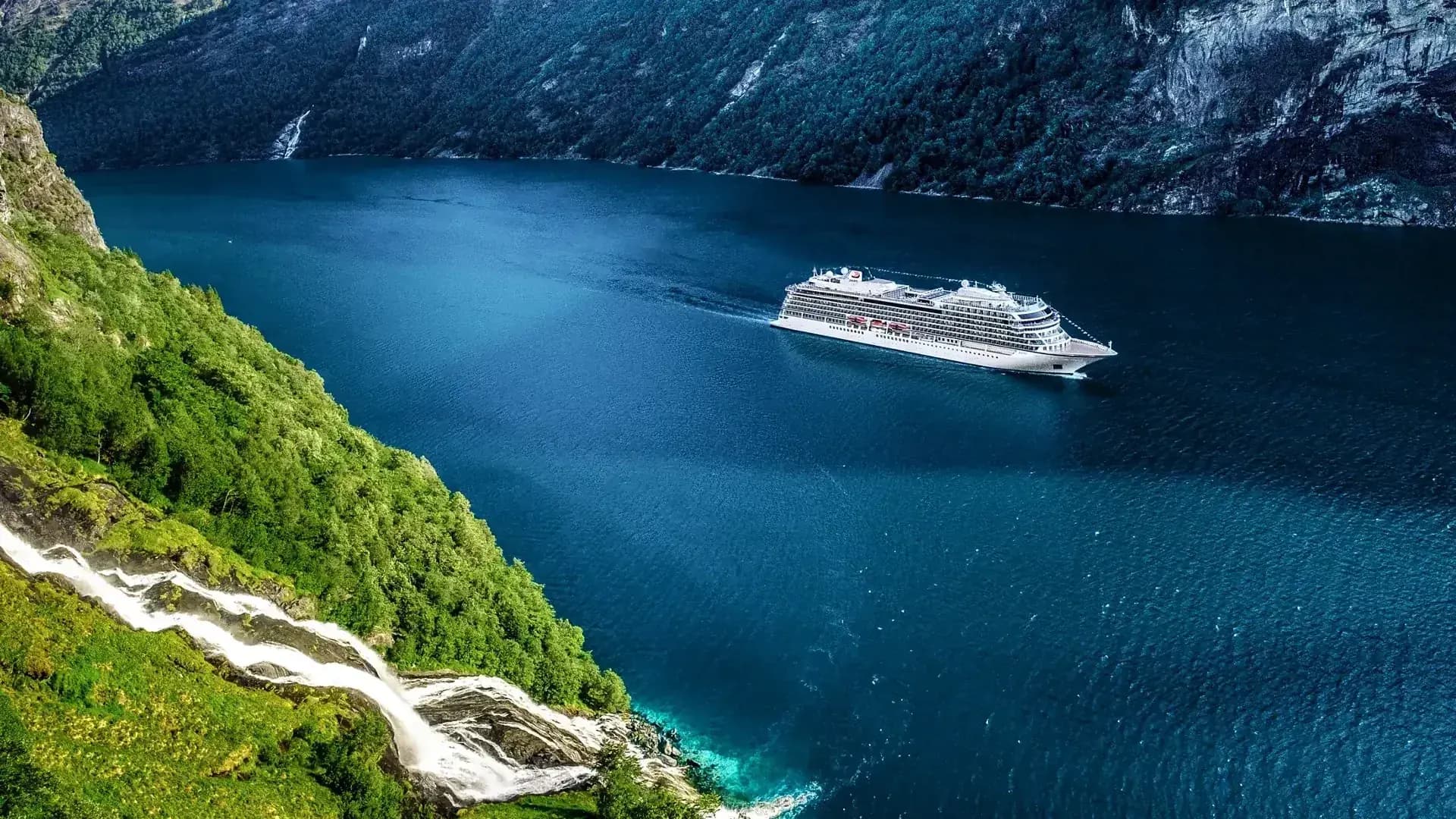 Viking Sky cruise ship sailing Geirangerfjord, Norway