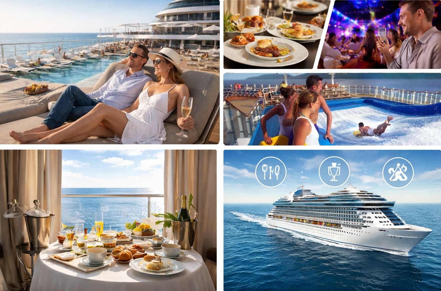 Cruise ship onboard experience showing dining, cabins and entertainment