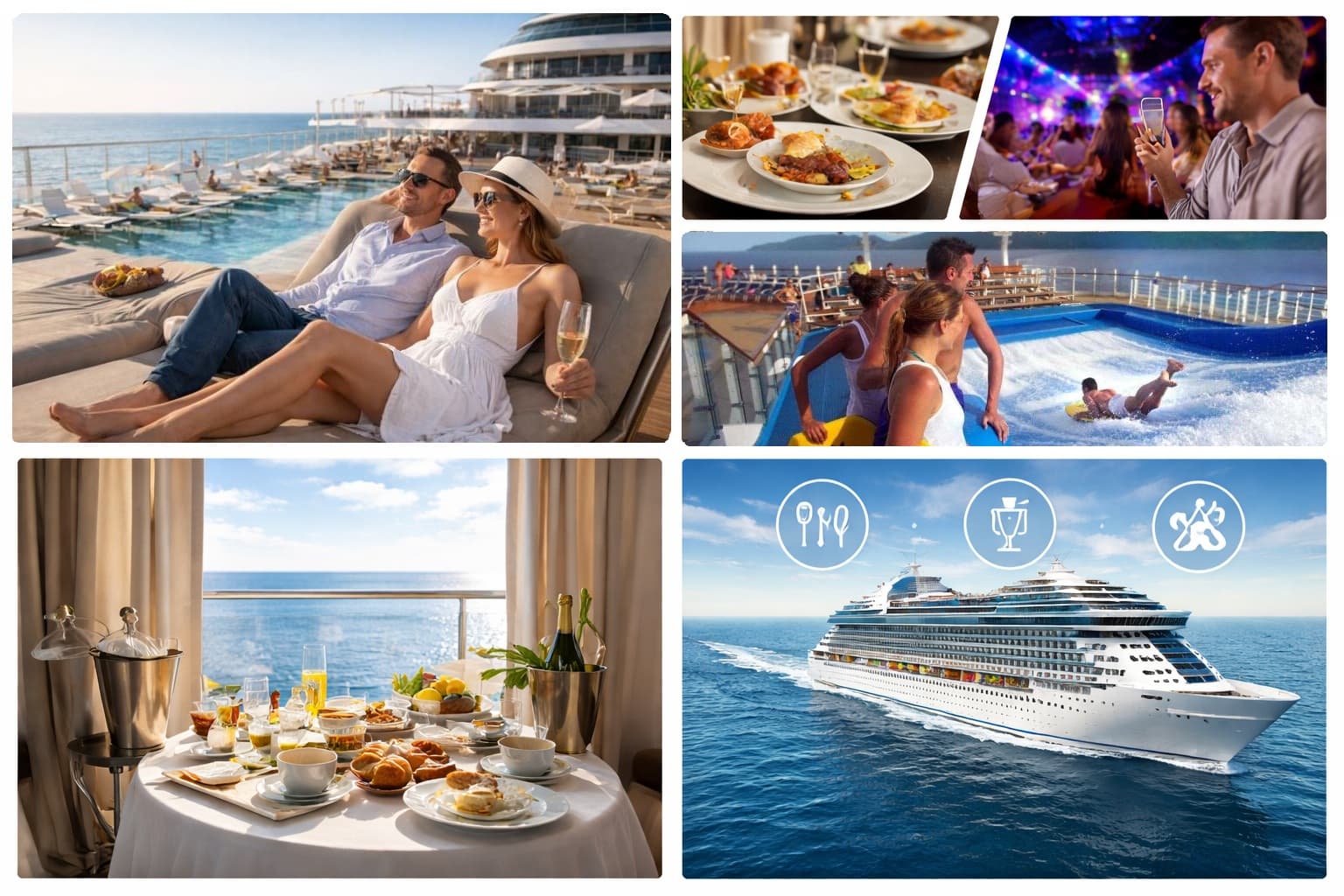 Cruise ship onboard experience showing dining, cabins and entertainment