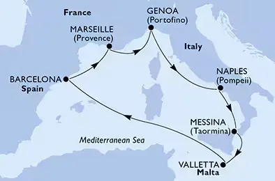 MSC World Europa, Genoa to Genoa 7N Map